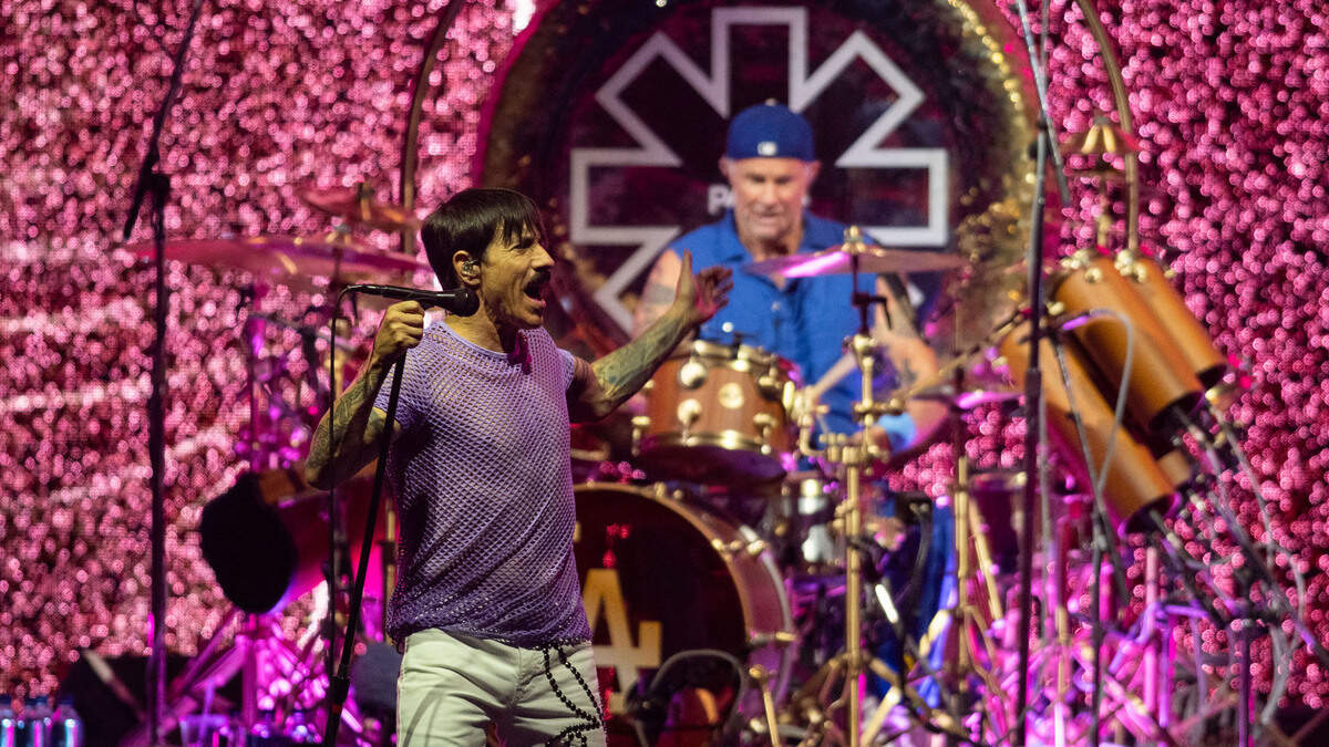 Red Hot Chili Peppers lead singer Anthony Kiedis performs with drummer Chad Smith at the Toyota Amphitheatre near Wheatland on Sunday, June 2, 2024.