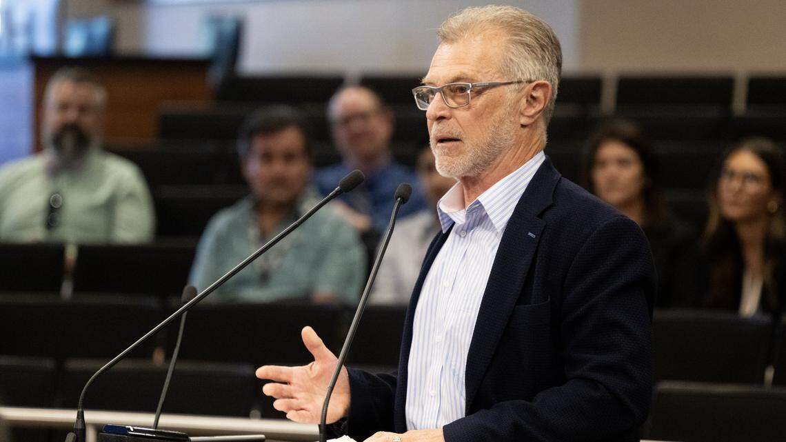 Aaron Heinrich, executive director of the Sacramento Educational Cable Commission, speaks to the Sacramento Metropolitan Cable Television Commission during a budget meeting on Wednesday, Sept. 17, 2025, in Sacramento.