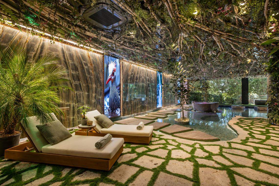 If pictures could talk, you’d hear the tropical birds playing on video in the lush spa.