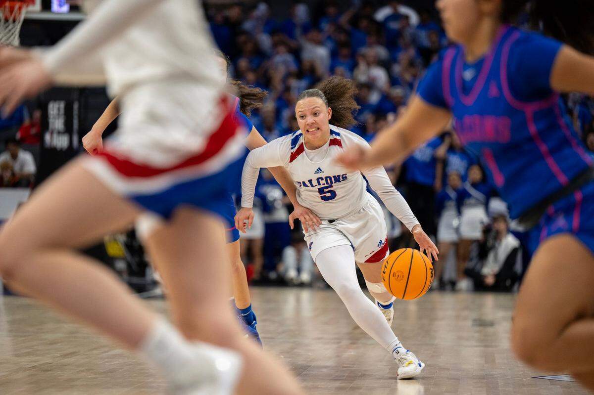 The Christian Brothers Falcons’ Aleyah Harmon (5) brings the ball up court in the second half against the Atwater Falcons in the CIF Sac-Joaquin Section Division ll girls basketball championship game at Golden 1 Center on Thursday, Feb. 27, 2025.