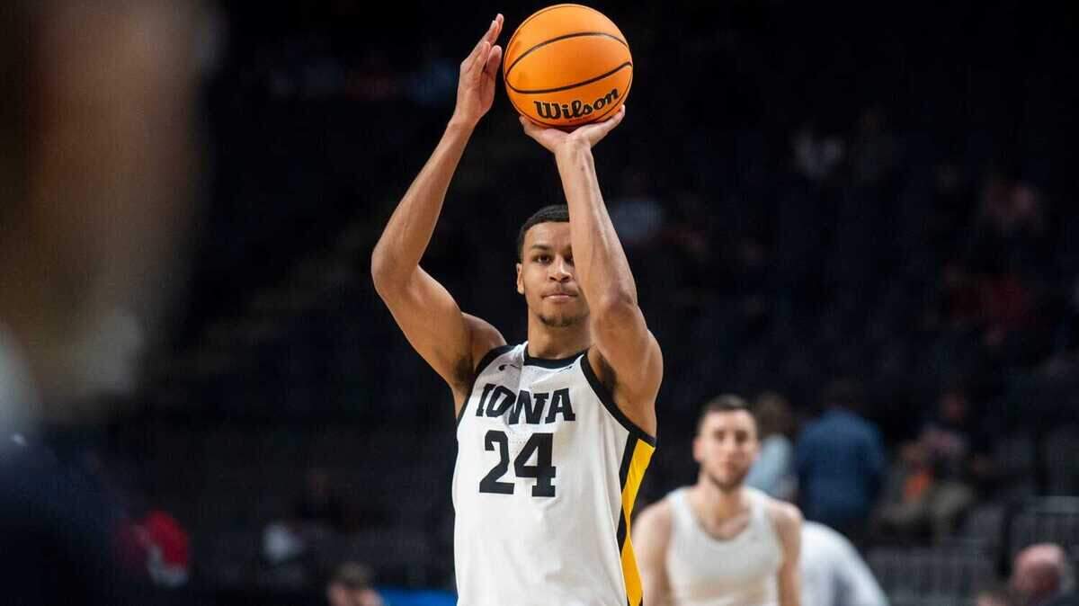Iowa Hawkeyes forward Kris Murray (24) takes a jump shot during warm ups before Auburn Tigers take on Iowa Hawkeyes the first round of NCAA Tournament at Legacy Arena in Birmingham, Alabama, on Thursday, March 16, 2023.