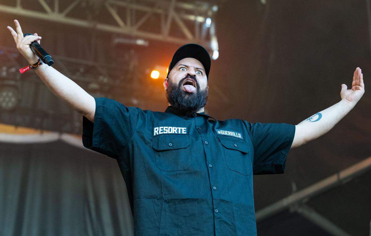Pato Machete, vocalist for nü metal band Resorte, the fires up the audience at the Aftershock festival in Sacramento’s Discovery Park on Sunday.