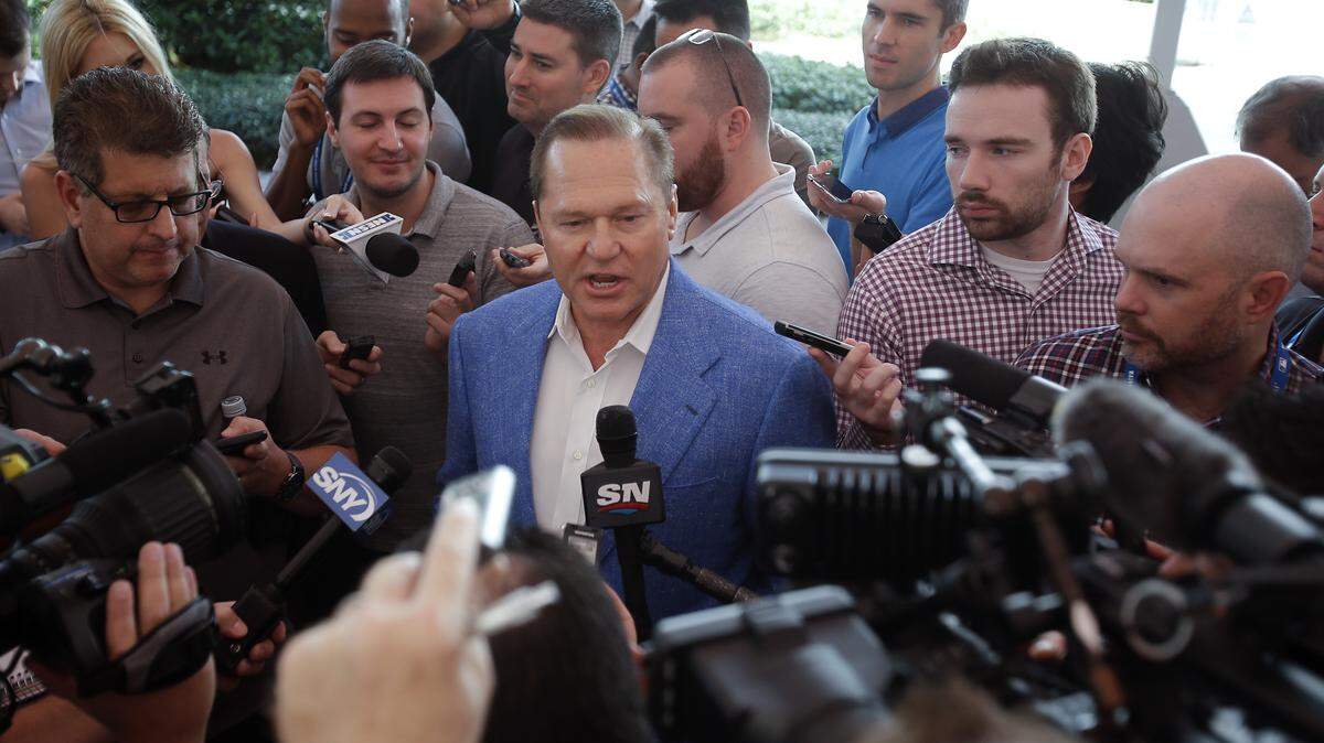 Sports agent Scott Boras answers questions during a news conference at the annual MLB baseball general managers’ meetings, Wednesday, Nov. 15, 2017, in Orlando, Fla. (AP Photo/John Raoux)
