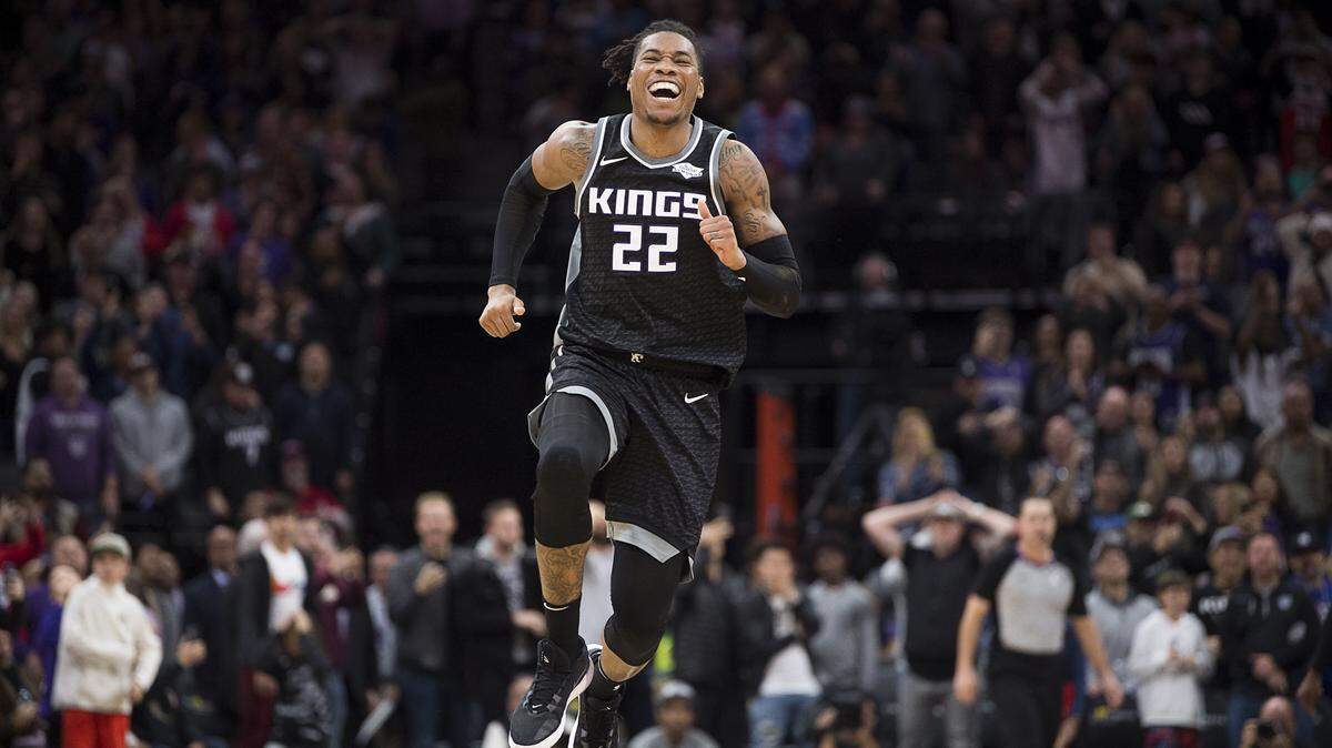 Sacramento Kings forward Richaun Holmes (22) jumps after making a basket against the Minnesota Timberwolves during a game at Golden 1 Center on Thursday, Dec 26, 2019 in Sacramento.
