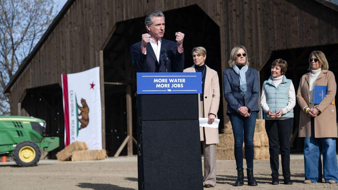 Gov. Gavin Newsom speaks about the state’s major water projects during a visit to Davis Ranches in Colusa County on Tuesday, Dec. 10, 2024. The ranch is not far from the proposed Sites Reservoir.