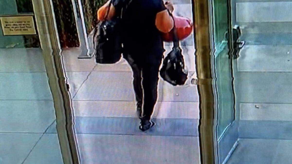 Natomas Unified School District Trustee Ericka Harden was reprimanded by her colleagues over an Aug. 20 incident in which she walked out of a hotel lobby carrying a vase. The hotel complained about the incident and sent security video to the school district. This image, from security footage played by the Board of Trustees at an Aug. 29 meeting, shows Harden at the hotel.