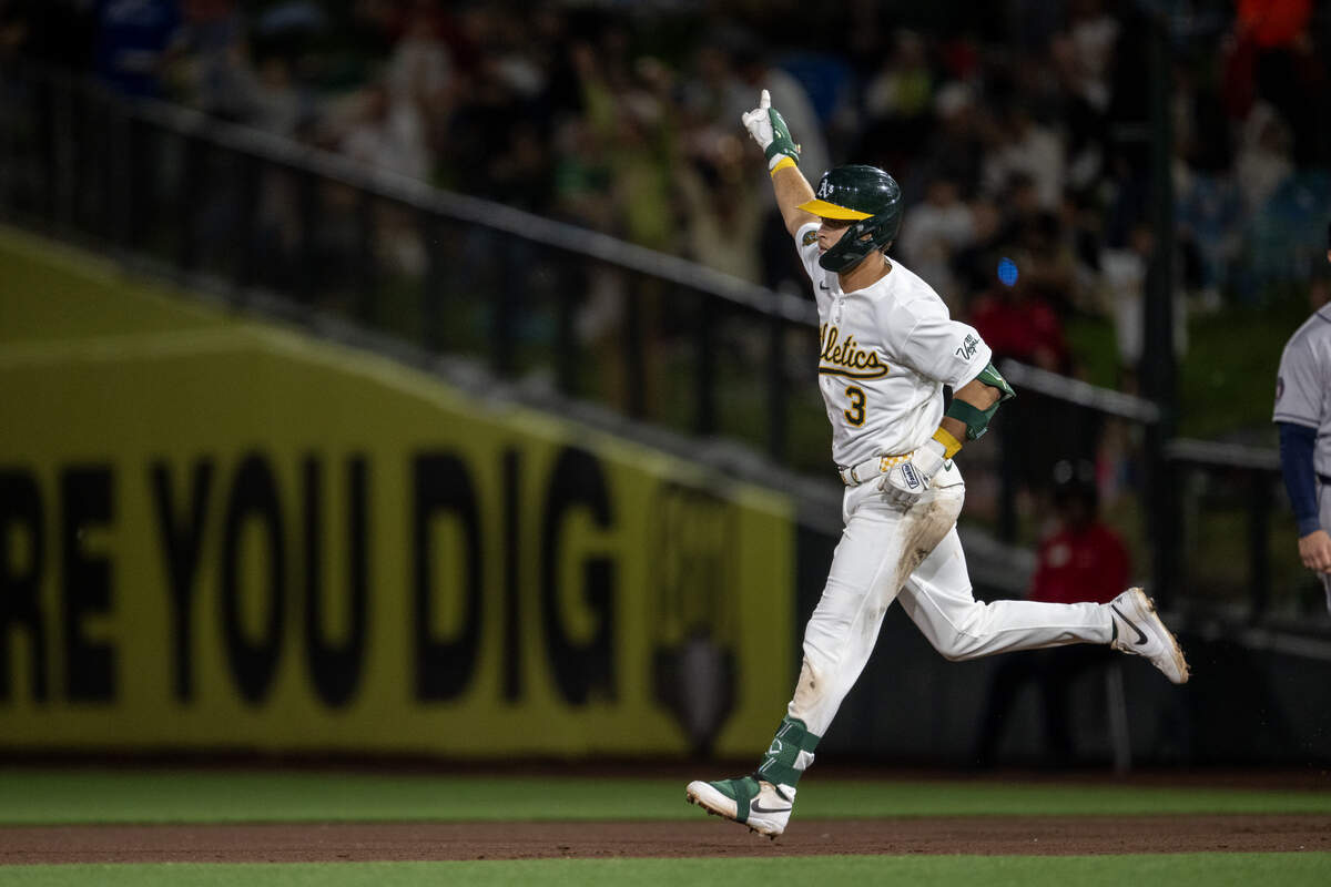 Athletics infielder Max Muncy rounds first base after hitting a homer off Houston Astros pitcher Roddery Muñoz in the fourth inning on Friday, April 3 at Sutter Health Park in West Sacramento.