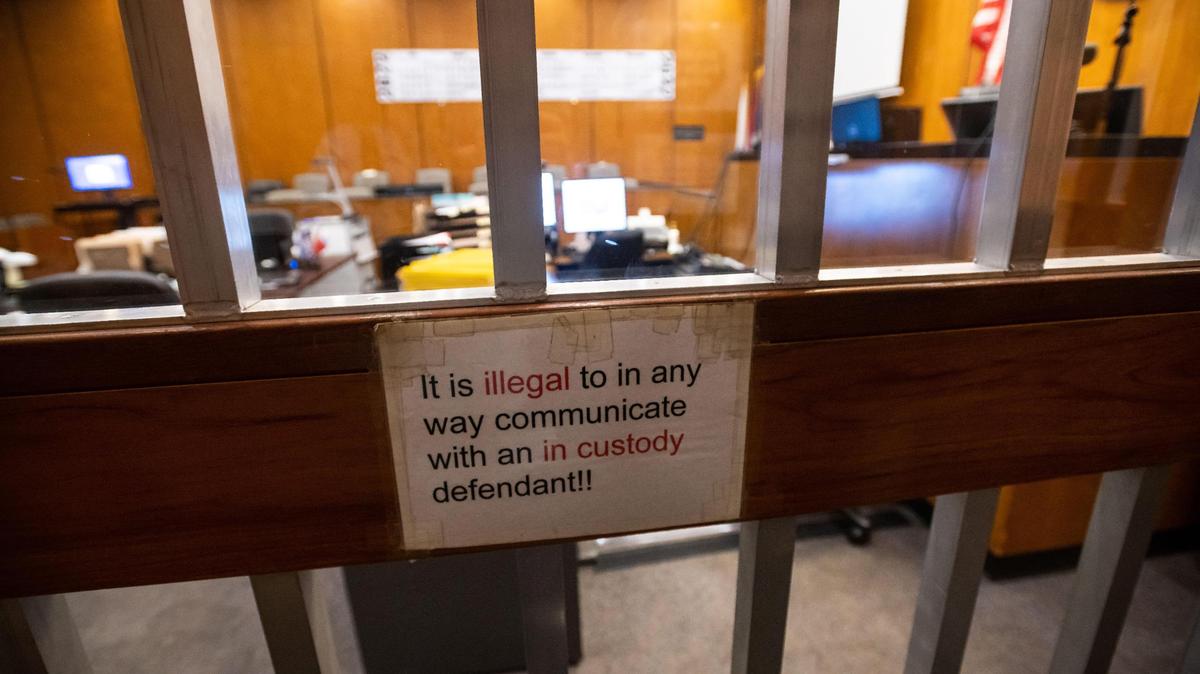 The steel-bar secured “dock” in the Department 8 courtroom is seen in Gordon Schaber Sacramento County Courthouse on Friday, July 29, 2022, in downtown Sacramento. The Trump administration threatens to roll back efforts to reduce bail requirements in ways that still protect Americans..