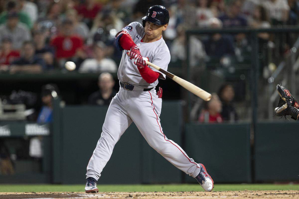 Boston Red Sox outfielder Masataka Yoshida (7) hits a ball during a game between the Athletics and the Red Sox at Sutter Health Park in West Sacramento on Monday, Sept. 8, 2025.