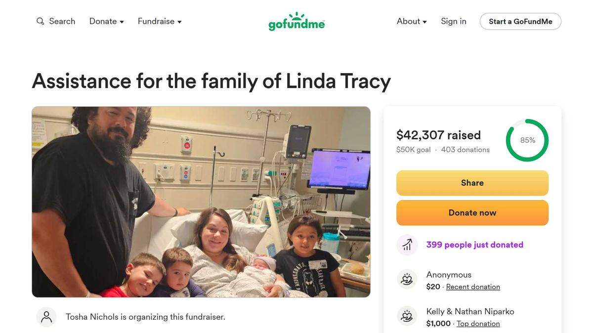 A GoFundMe page shows a picture of Linda Tracy and her family after the birth of their fourth child. The 36-year-old mother of four was killed Tuesday, June 3, 2025, after her car pinned her to another vehicle in a parking lot along Rush River Drive in Sacramento’s Pocket neighborhood.