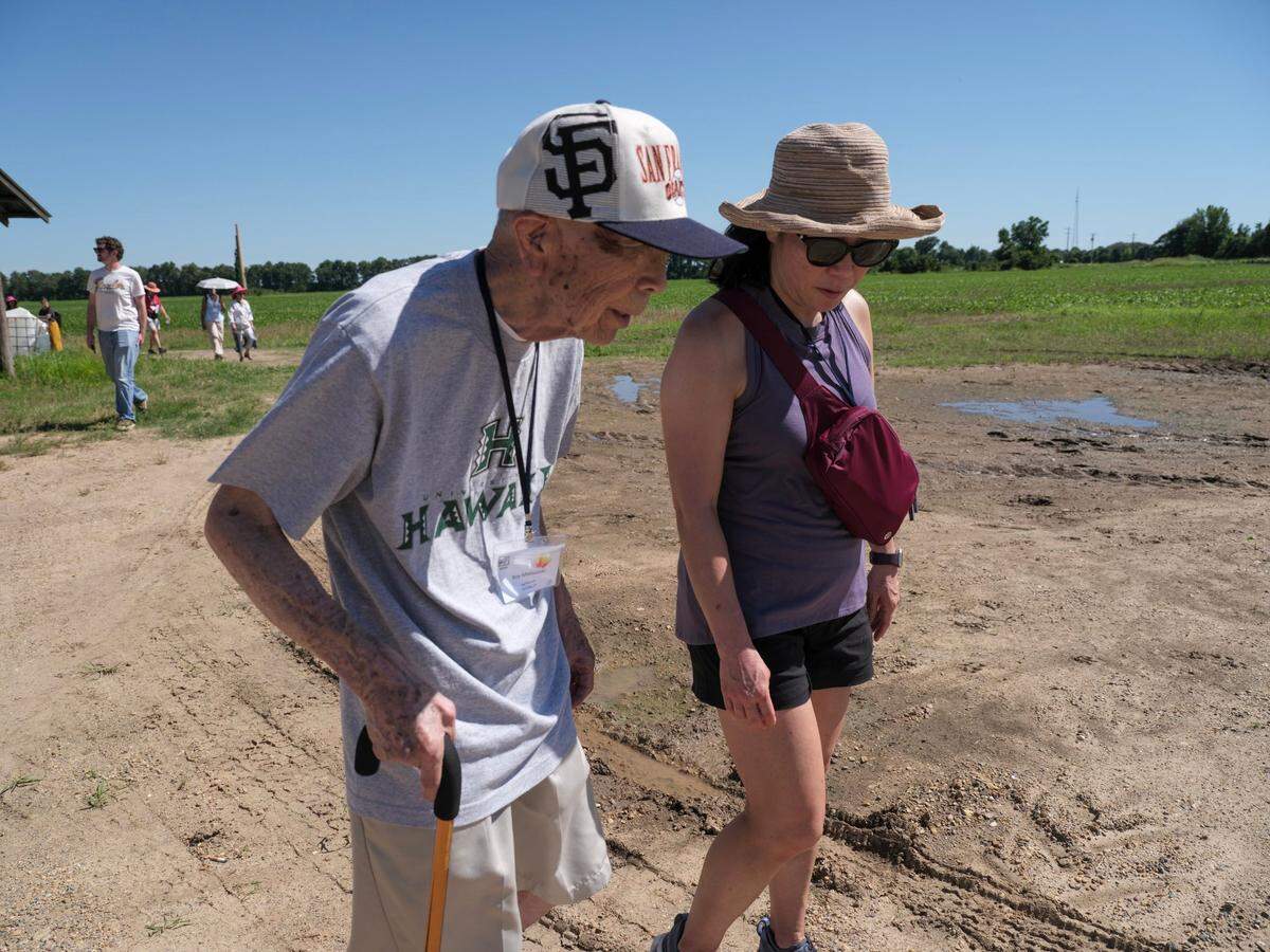 San Jose resident Roy Matsuzaki, 91, visits the site of the Jerome incarceration camp in Arkansas with his daughter, Doreen Kasson, on June 6. Matsuzaki was taken from his home in Elk Grove during World War II to be held at the site.
