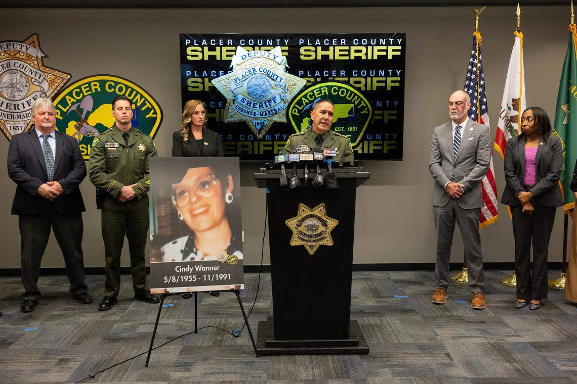 Placer County Sheriff Wayne Woo and officials announce the arrest of James Lawhead in a more than 30-year-old homicide investigation into the death of Cindi Wanner on Monday, April 27, 2026, in Auburn. Lawhead was arrested in Arizona after DNA evidence helped identify him in the cold case.