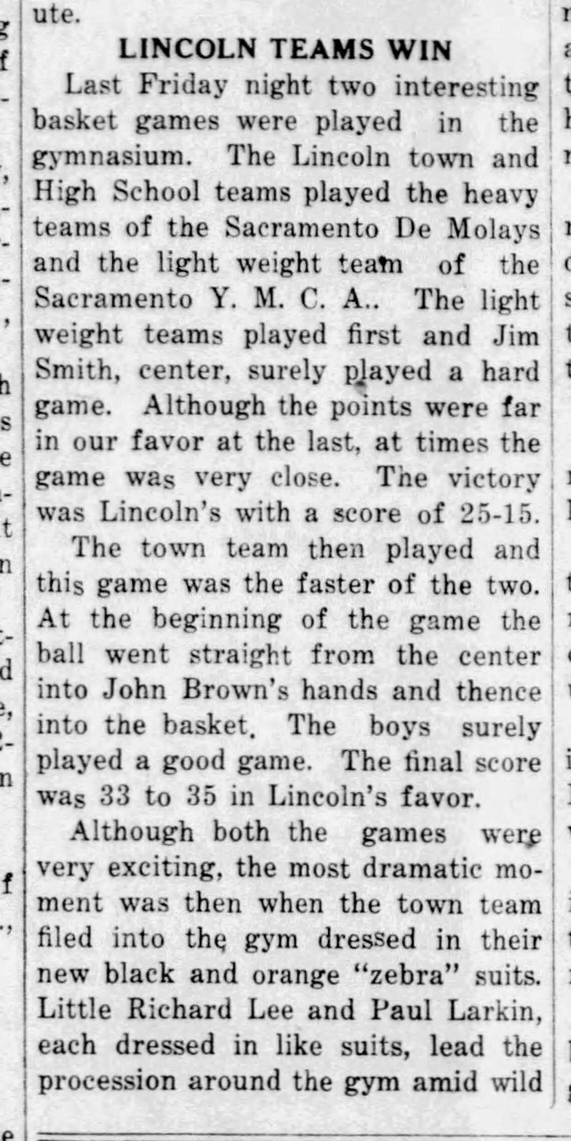 The first "zebra" reference to a Lincoln team, December 21, 1922, El Eco in The Lincoln News Messenger
