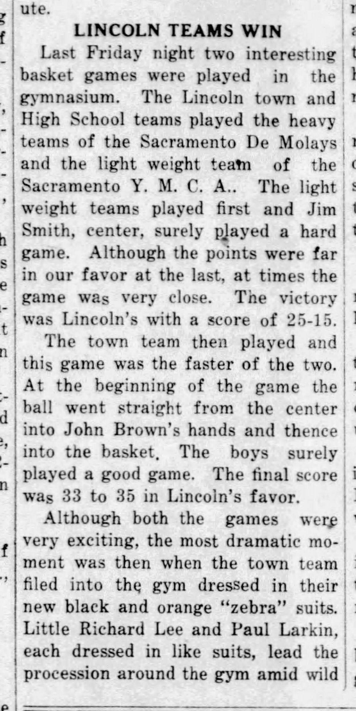 The first "zebra" reference to a Lincoln team, December 21, 1922, El Eco in The Lincoln News Messenger