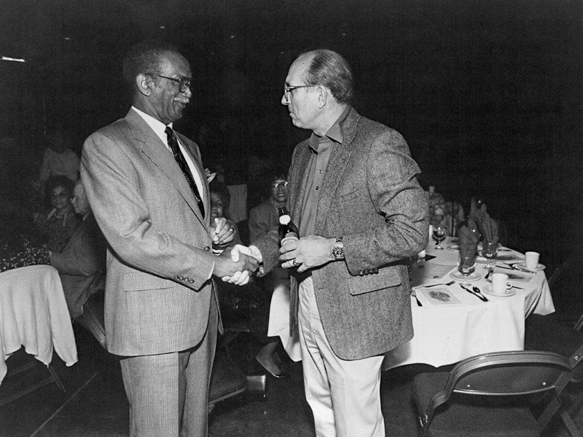 Retiring Sacramento city manager Walter Slipe was given a retirement dinner and roast at the Community Center, attended by a large crowd of friends, family and co-workers. Prior to the dinner Slipe spoke to many of the attendees including former city fire chief Ray Charles. Walter Slipe died June 14 at his home in Granite Bay. He was 90.