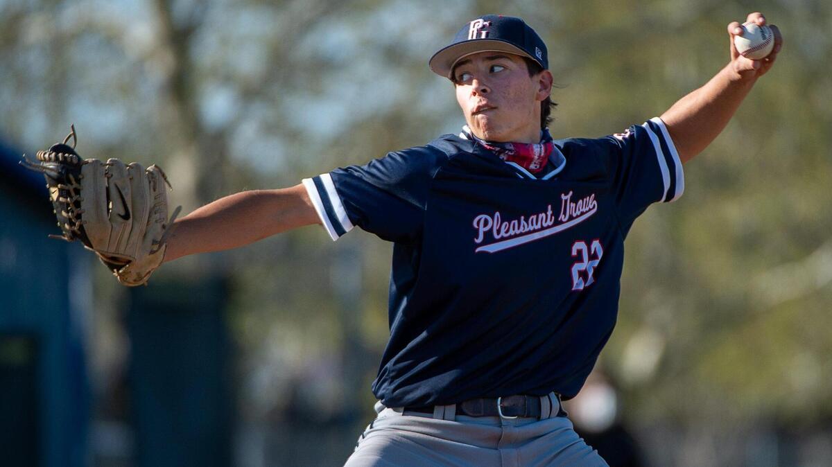 Pleasant Grove High Schools Bobby Blandford pitches during a game at Lincoln High School on Tuesday, March 30, 2021 in Lincoln.