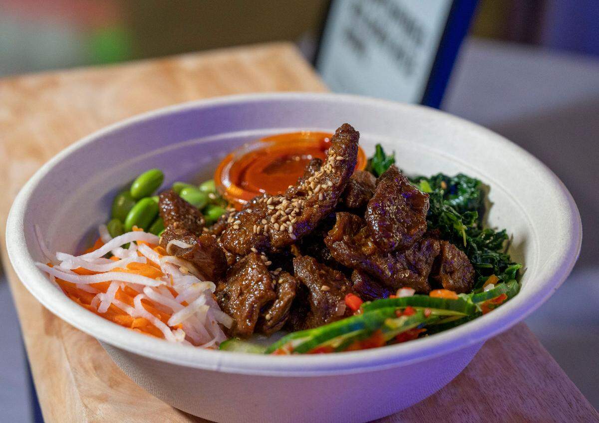 A plant-based bulgogi rice bowl from Star Ginger is available at the Media Food Tasting on Oct. 13 featuring items from their Local Eats menu for the Sacramento Kings 2022-23 NBA Season at Golden 1 Center.