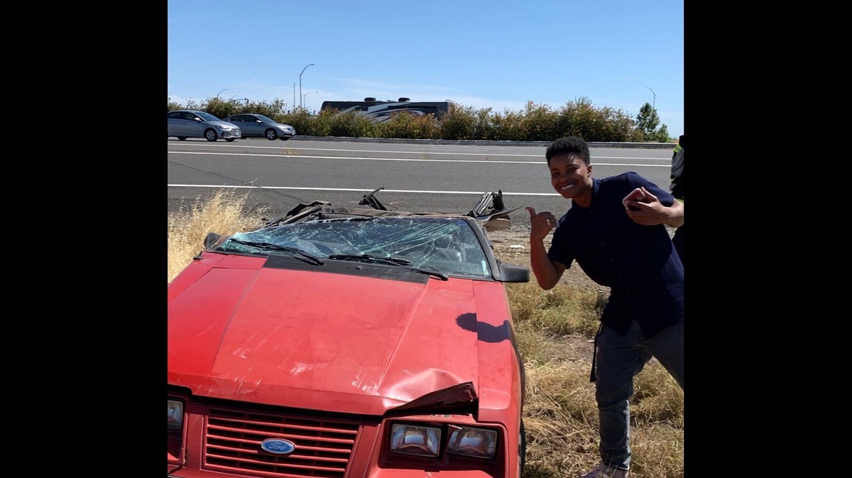 A driver was unharmed after his car’s roof was sliced off Sunday afternoon in a crash with a big rig on Interstate 5.