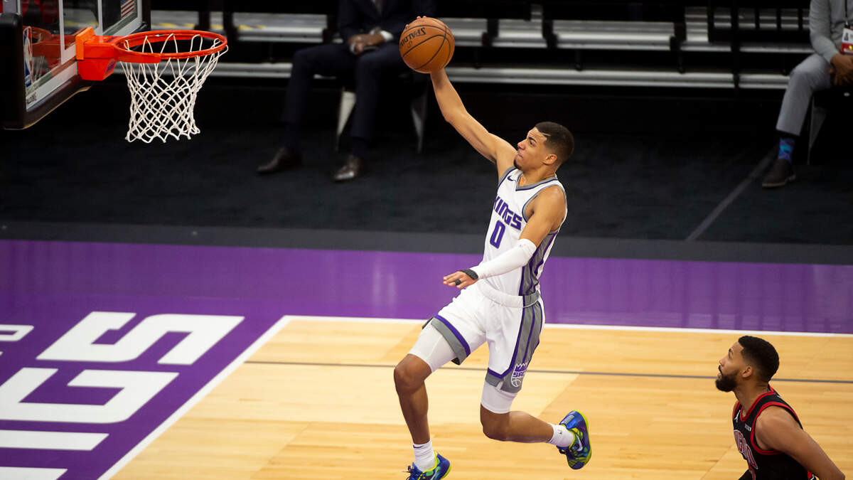 Sacramento Kings guard Tyrese Haliburton (0) scores a layup during a game at the Golden 1 Center on Wednesday, Jan 6, 2021 in Sacramento.