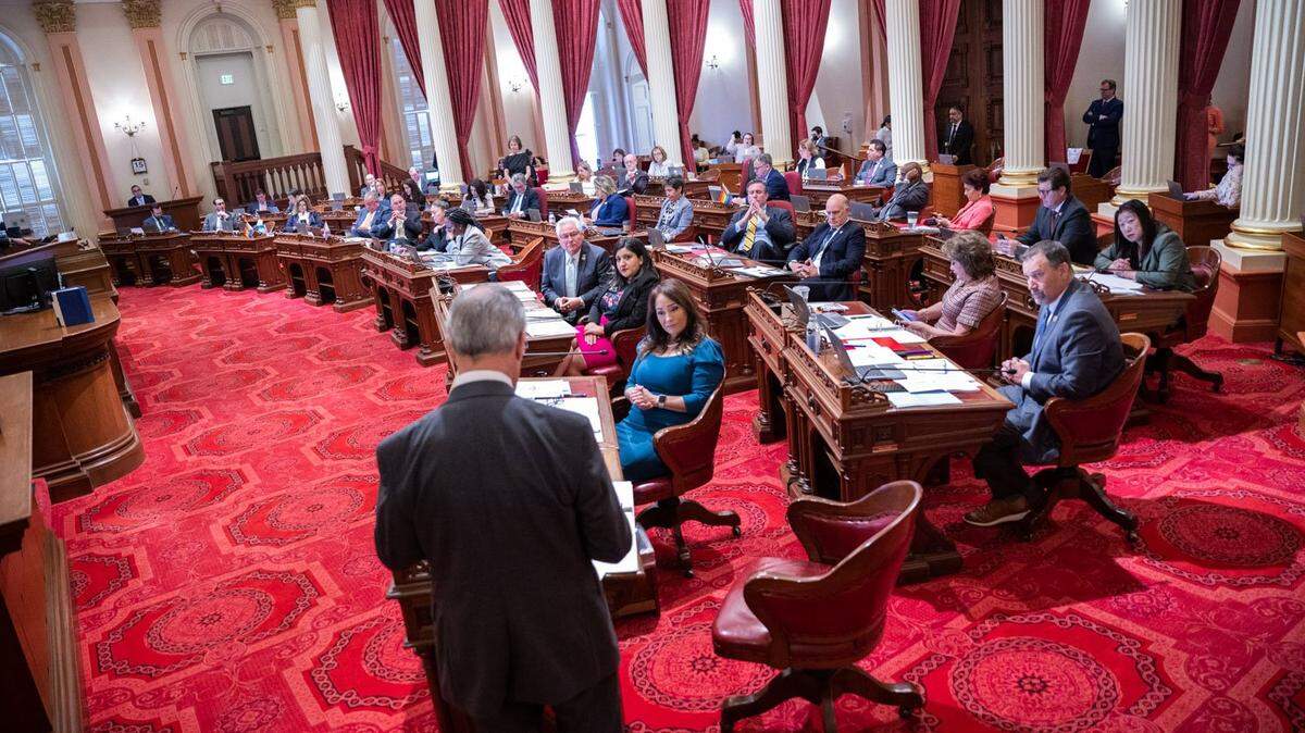 Sen. Roger Niello, R-Fair Oaks, address the chamber before a vote on the state budget in June, 2023 at the Capitol. Niello called for a hearing to answer questions related to the $3.4 billion loan to the state’s health care department this week.