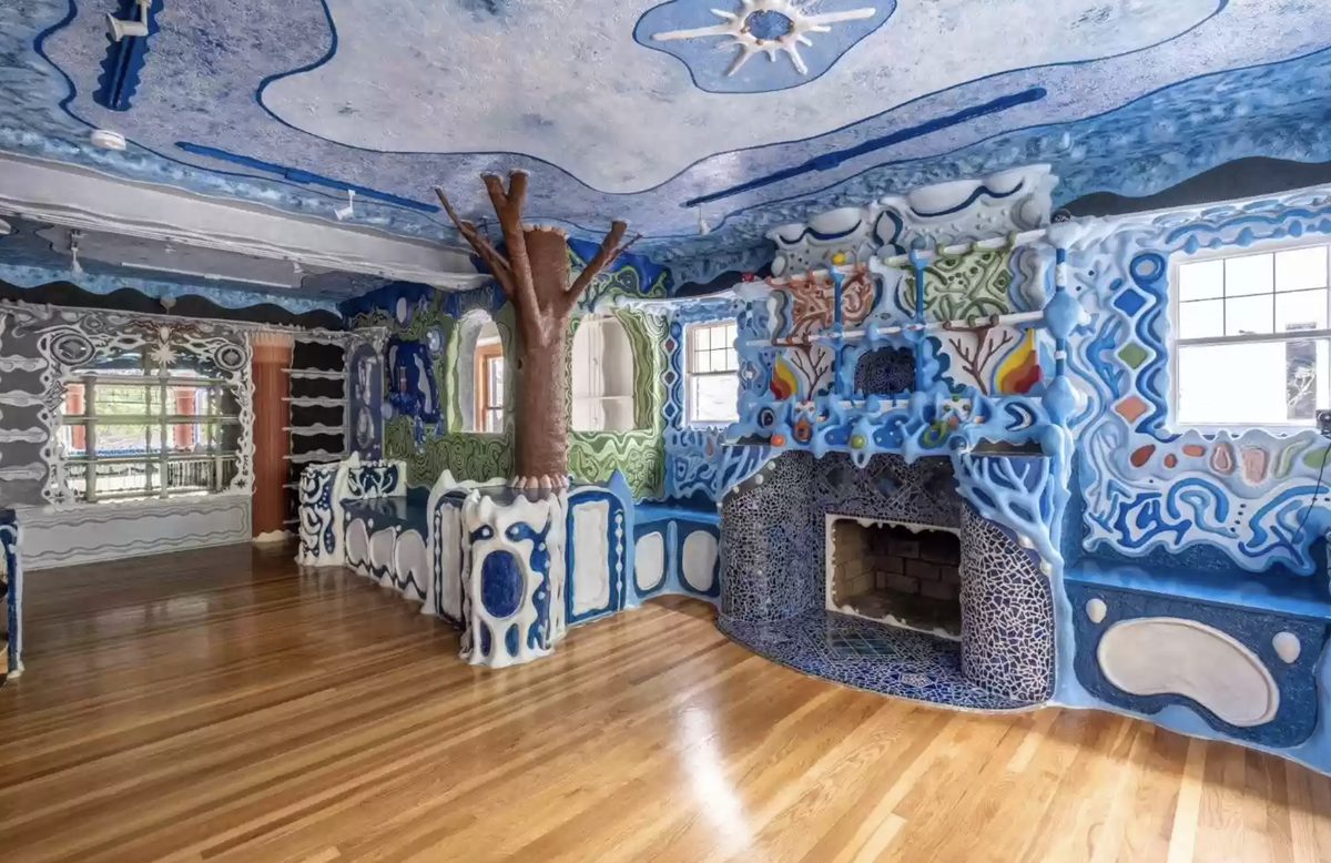 The whimsical interior was done by the home’s owner, local psychiatrist Louis W. Kraft, who died in April. Kraft created the space using caulking compound, styrofoam, wood and paint.