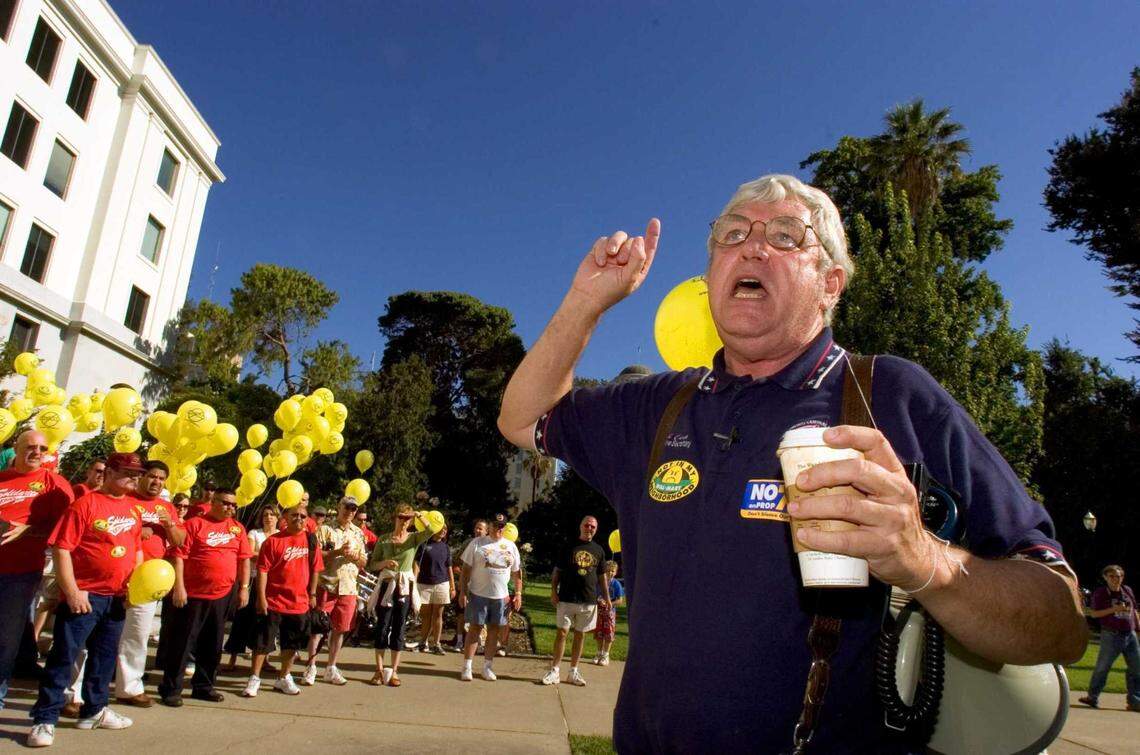Bill Camp, who served as executive secretary of the California Central Labor Council for 15 years, talks to labor unions that marched down Capitol Mall and around the California state Capitol on Labor Day in 2005. Camp, the labor council’s longtime leader, died Sept. 23 at the age of 80.