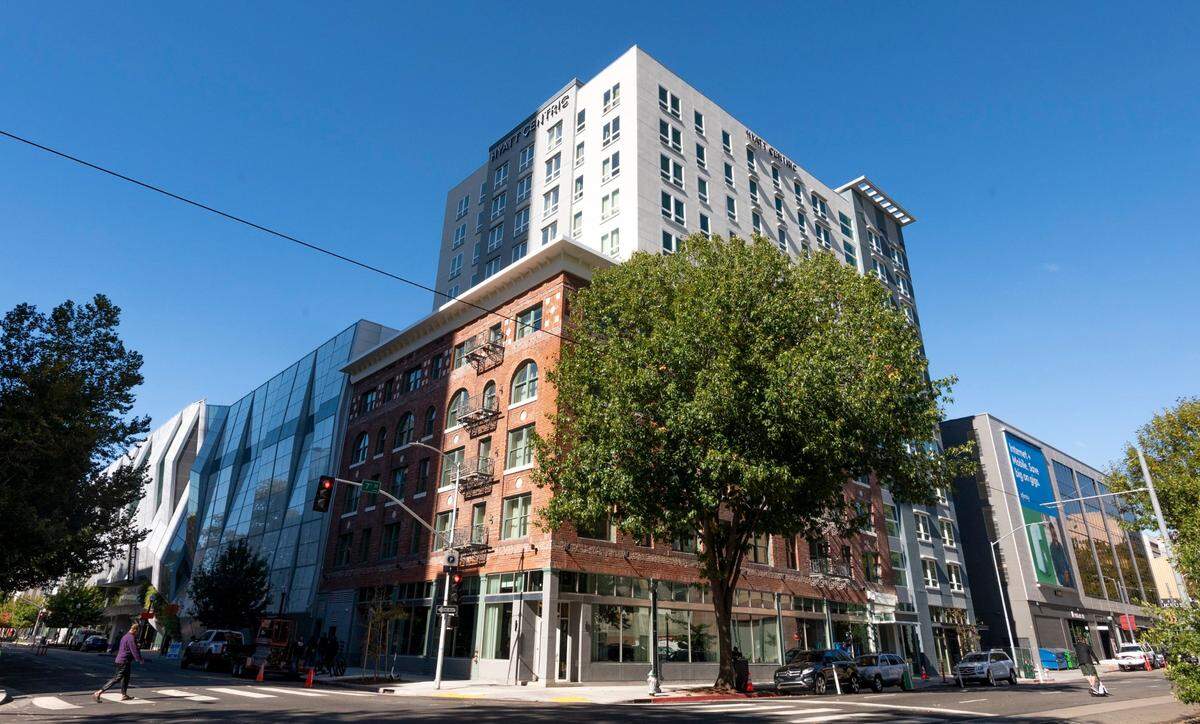 The new Hyatt Centric hotel, built behind the facade of the former The Clayton hotel, later known as the Hotel Marshall, stands at Seventh and L streets in downtown Sacramento after opening in October.