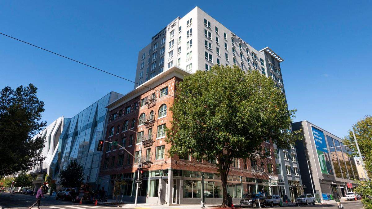 The new Hyatt Centric Downtown, built behind the facade of the former Hotel Clayton, later known as the Hotel Marshall, stands at L and 6th streets in downtown Sacramento on Wednesday, Oct. 27, 2021.
