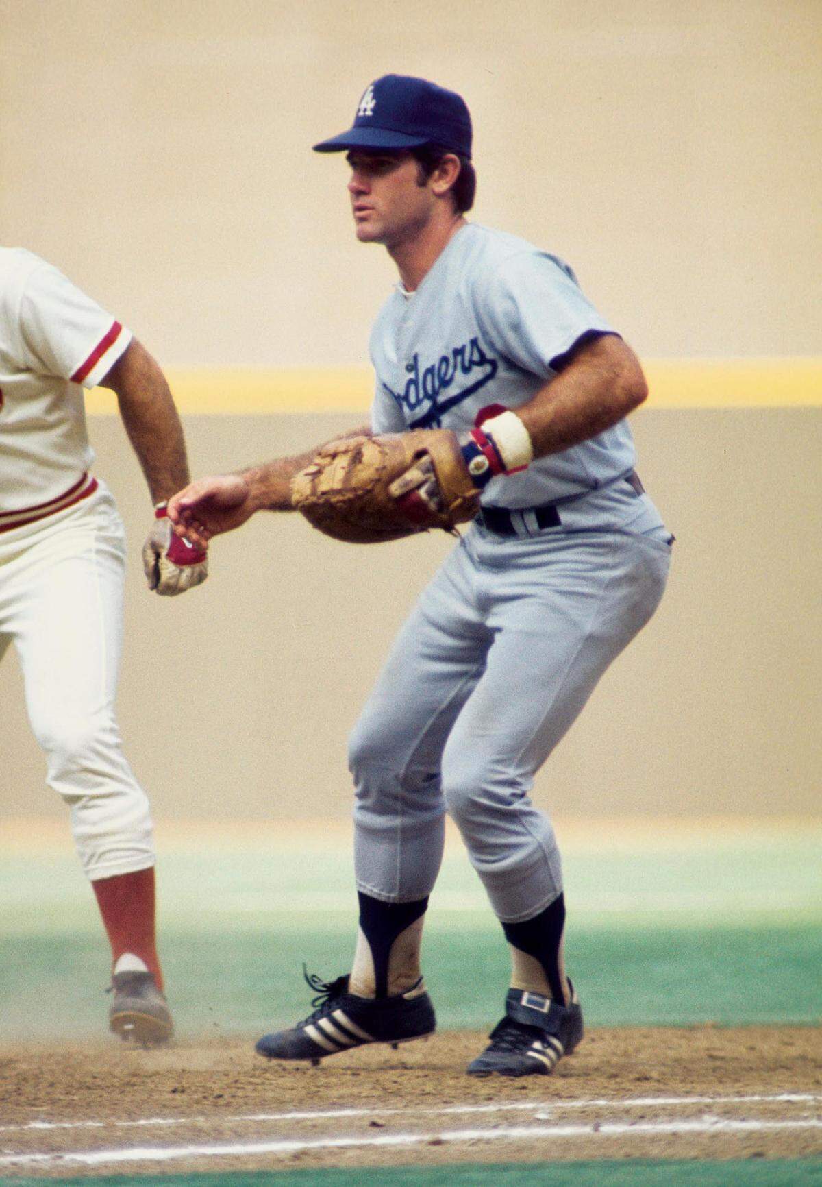 Los Angeles Dodgers first baseman Steve Garvey in action during the 1974 season against the Cincinnati Reds.