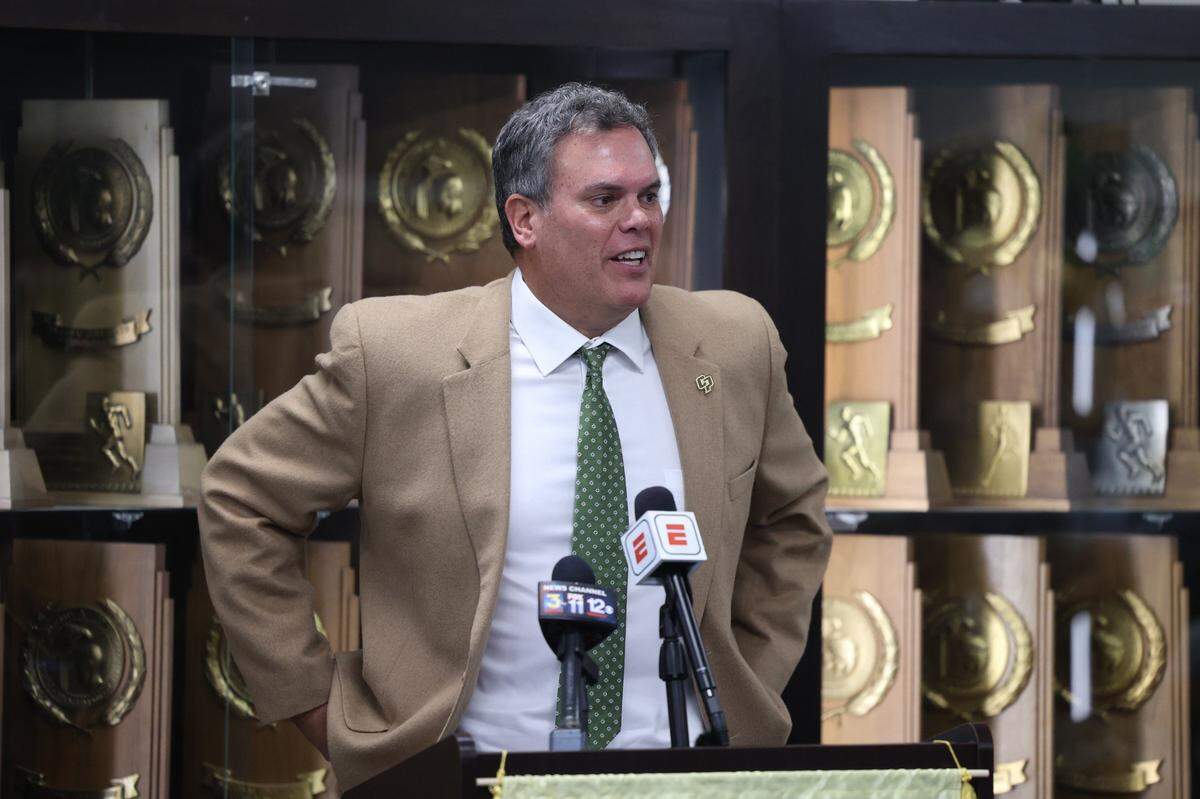 Paul Wulff is announced as Cal Poly's head football coach at a news conference in 2022. He was promoted from associate head coach.
