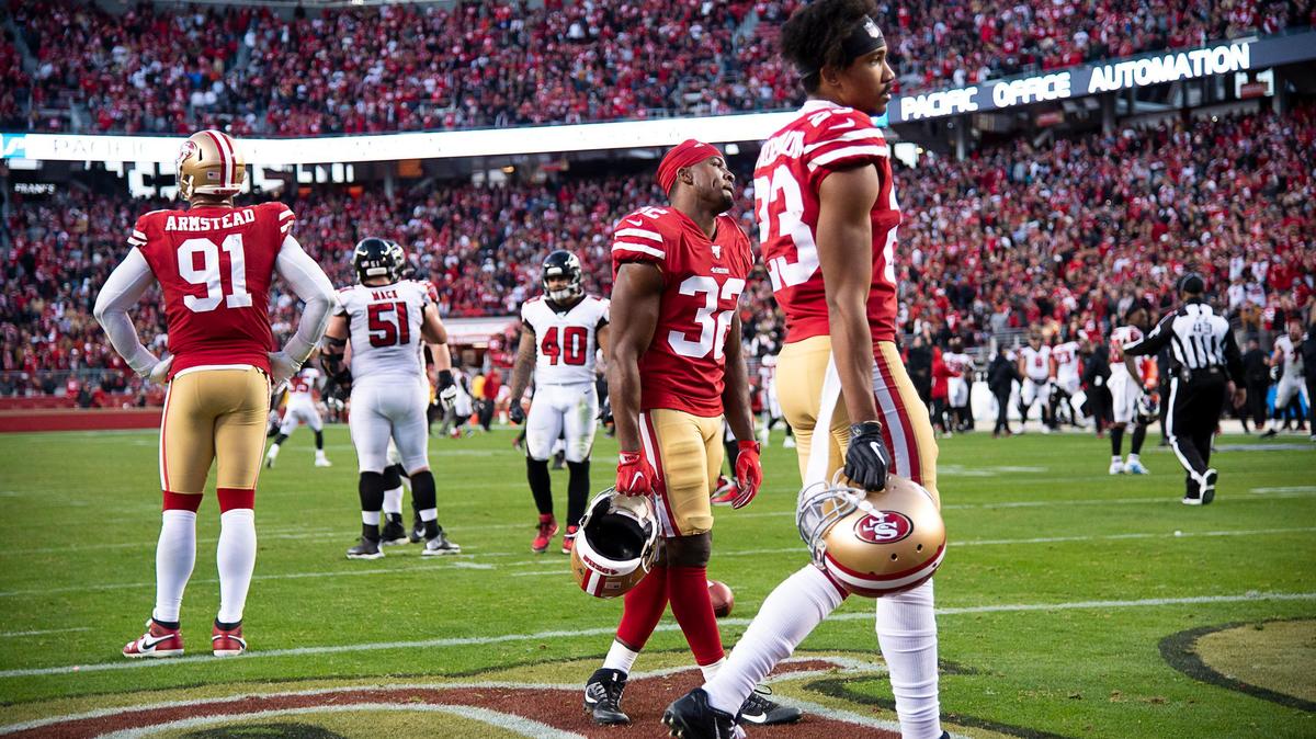 San Francisco 49ers defensive end Arik Armstead (91), free safety D.J. Reed (32) and cornerback Ahkello Witherspoon (23) walk off the field stunned after the Atlanta Falcons scored a touchdown on their last drive at Levi’s Stadium on Sunday, Dec. 15, 2019 in Santa Clara.