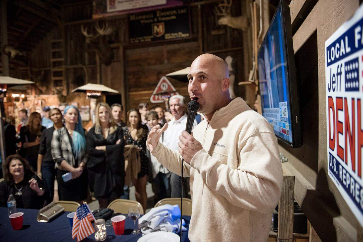 Assemblymember Heath Flora addresses supporters at an election night party in Modesto in 2018.