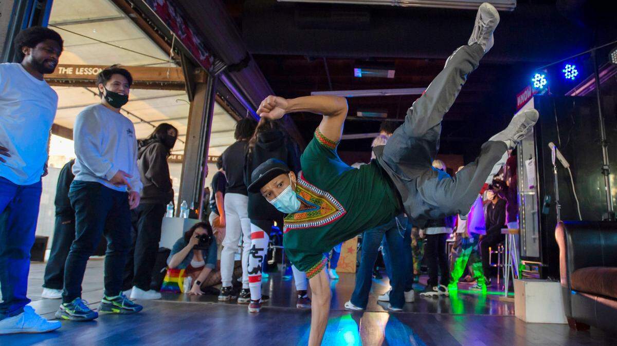 Morris Isby, also known as “B-boy Morris,” breakdances before the The Jam, a dance battle, at The Greathouse of Dance on Front Street in Old Sacramento, on Sunday, Jan. 23, 2022. Morris hopes to represent the United States in the first time breaking will be an event.