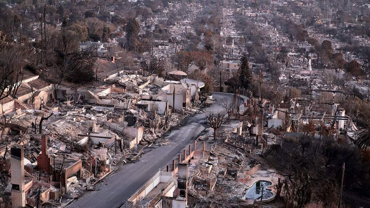 Rows of houses are turned to rubble in January 2025, after fire torched Pacific Palisades, California. 
