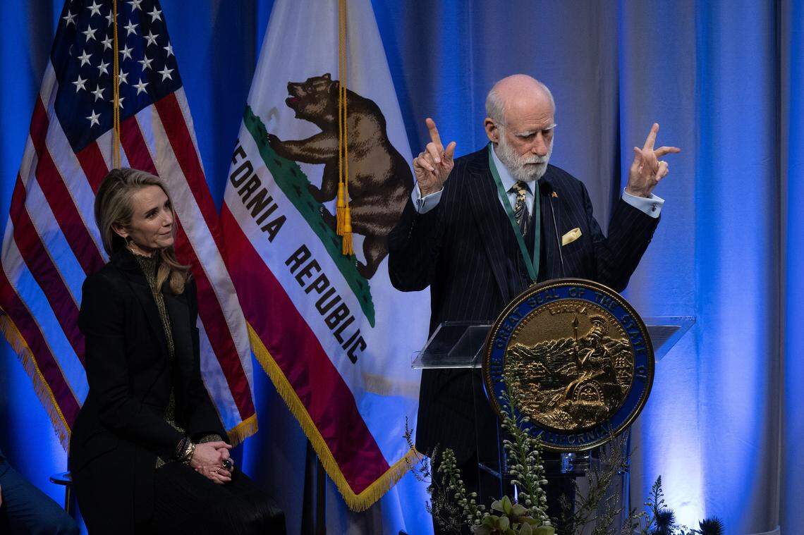 Vinton G. Cerf, a computer scientist known as the father of the internet, speaks after being inducted into the California Hall of Fame on Tuesday, Feb. 6, 2024, at the California Museum in Sacramento.