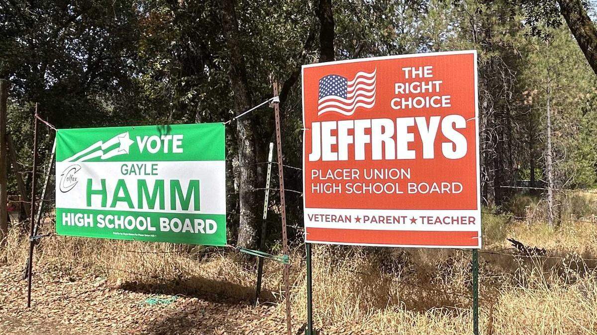 Campaign signs for Placer Union High School District candidate Jeremy Jeffreys popped up around Colfax and Meadow Vista the morning of Oct. 8, 2024. Jeffreys had publicly withdrawn from the race two weeks prior and claims to have no association with those creating and placing the signs.