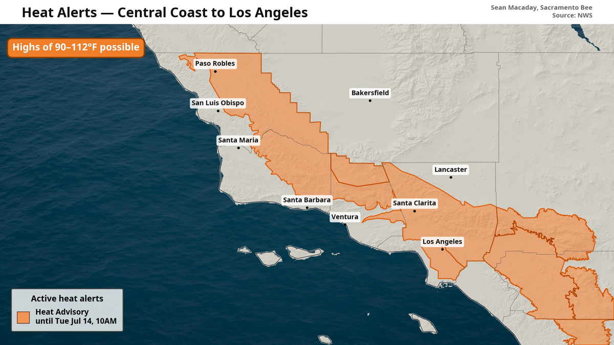 Portions of inland southern California are under a heat advisory from the National Weather Service this weekend and early next week with temperatures expected to reach up to 112 degrees in areas that include inland San Luis Obispo and Los Angeles counties.