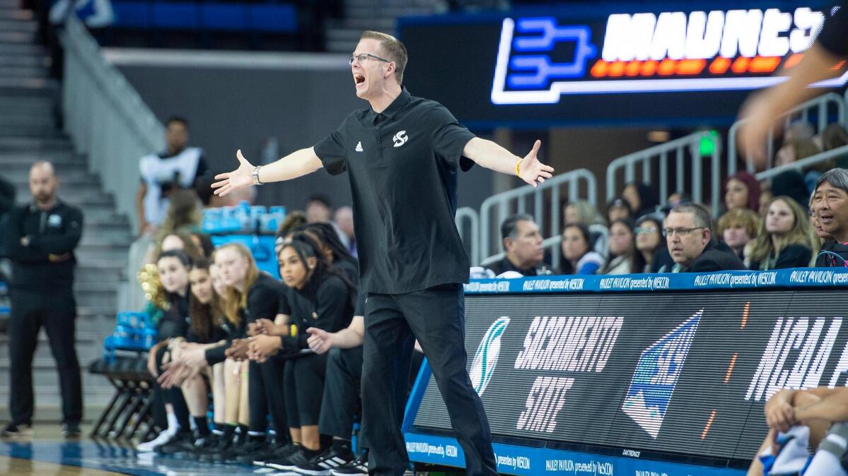 Sacramento State Hornets coach Mark Campbell reacts to a play from the sidelines in the first half in a first-round NCAA women’s basketball tournament game Saturday, March 18, 2023, at Pauley Pavilion in Los Angeles.