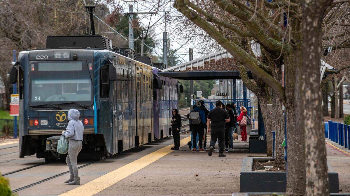 The Folsom light rail line runs through Rancho Cordova in 2023. One program provides commuters with “insurance” when facing public transit delays.