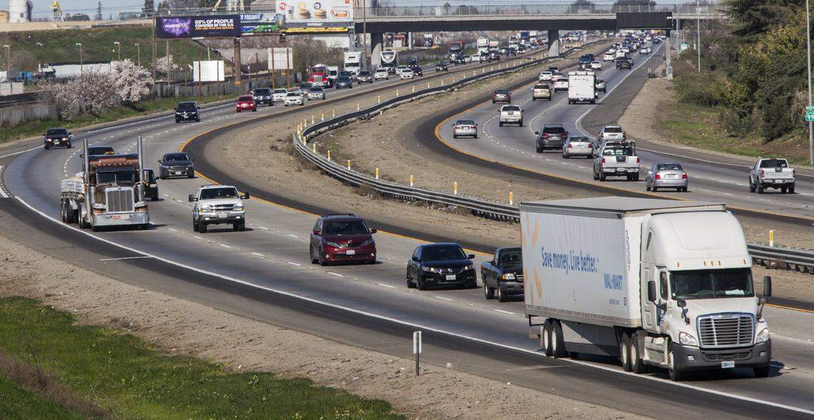 Semi Trucks travel along Highway 99 through Stanislaus County Sunday, Feb 18th, 2018.