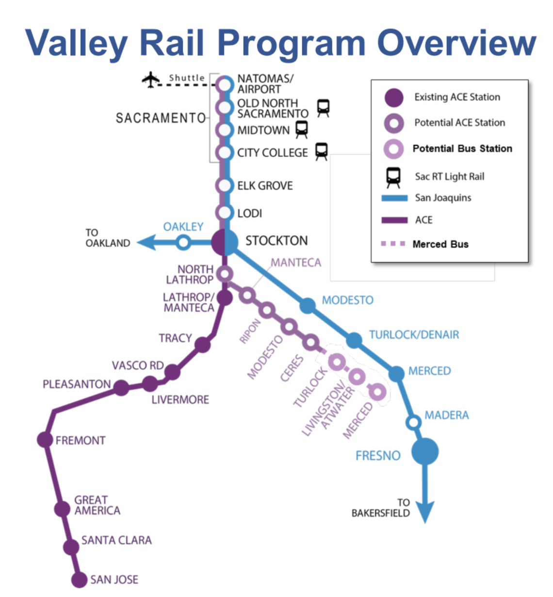 A map of the proposed expansion of the San Joaquins and ACE San Jose service that includes new stations throughout Central California.