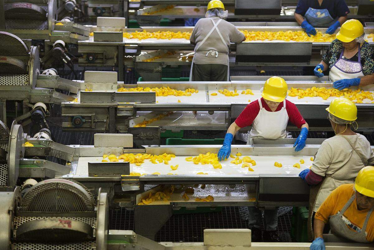 Workers inspect peaches during processing at Pacific Coast Producers in Lodi in 2015.