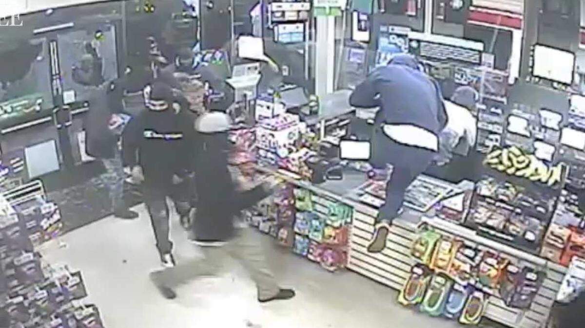 Men are seen during a smash-and-grab robbery at the 7-Eleven store at 348 Elkhorn Blvd. in Rio Linda on Oct. 8, 2023. The Sacramento County Sheriff’s Office released video on Friday, Oct. 20, 2023, in the hopes of locating suspects.
