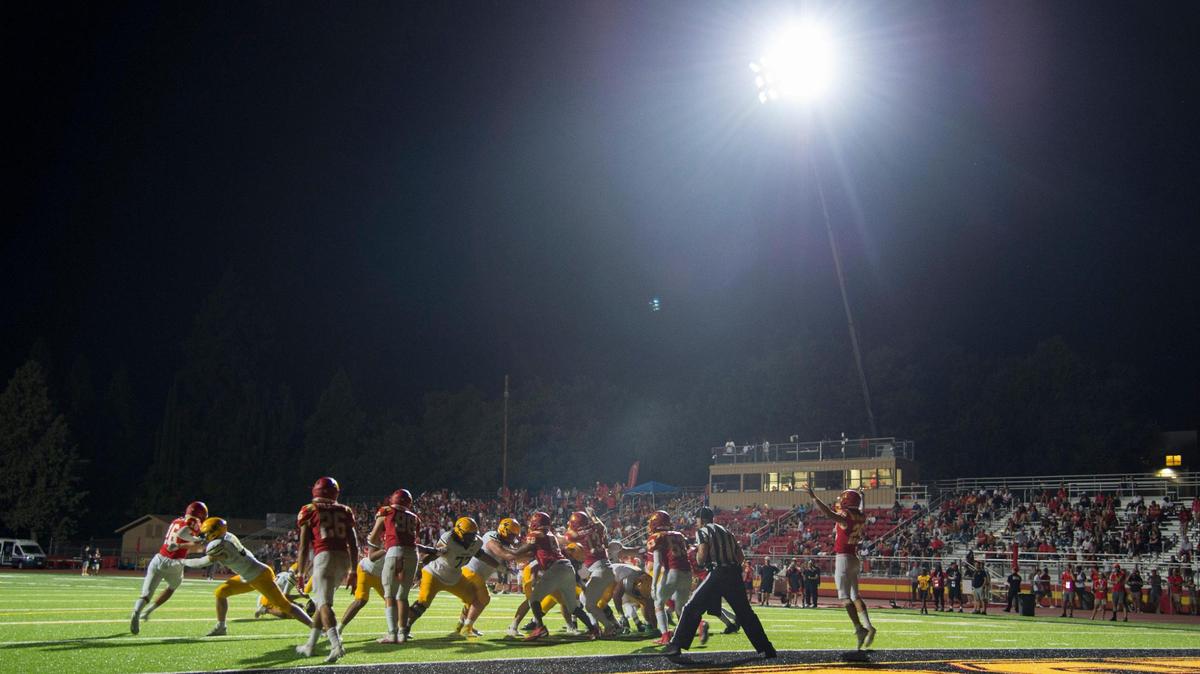 The Jesuit Marauders hosted the Bishop Manogue Miners under temporary lights Aug. 25, 2023, at Jesuit High School in Carmichael. Jesuit will debut new permanent lights when it hosts Rio Americano on Friday.