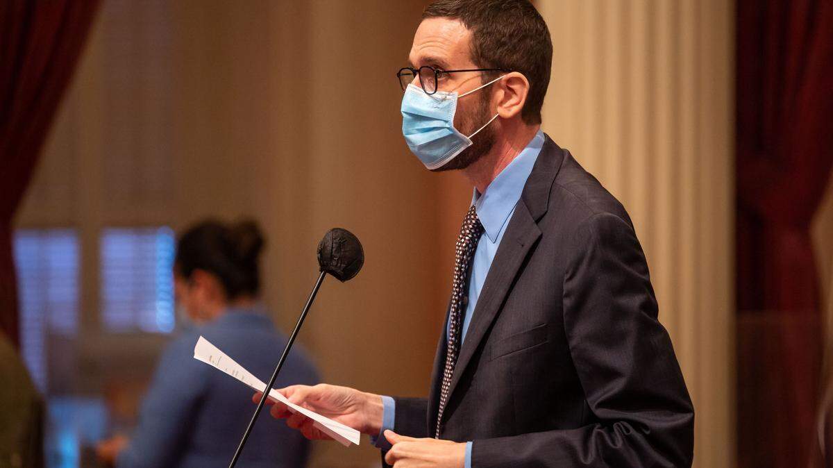 State Sen. Scott Wiener, D-San Francisco, speaks about Senate Bill 357, which would prohibit law enforcement from using loitering as evidence of sex work, on the last day of the California Legislature’s 2021 legislative session at the Capitol on Friday, Sept. 10, 2021, in Sacramento.