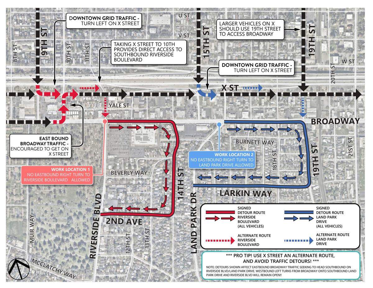 Riverside Blvd and Land Park Drive detour map. Closures start Monday, April 15, 2024, for eastbound right lanes along the Broadway corridor at Riverside Boulevard and Land Park Drive.