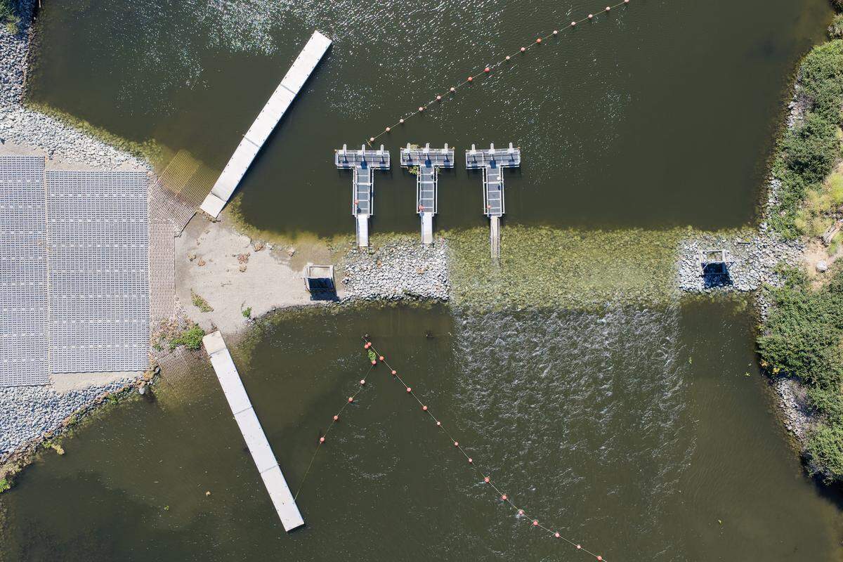 A drone view of the California Department of Water Resources’ South Delta Temporary Barriers Project that helps maintain water levels in the south Delta. Temporary rock barriers have been installed at Old River near Tracy, Middle River, and Grant Line Canal, and aim to provide sufficient water amid pumping plant exports for agricultural activities.