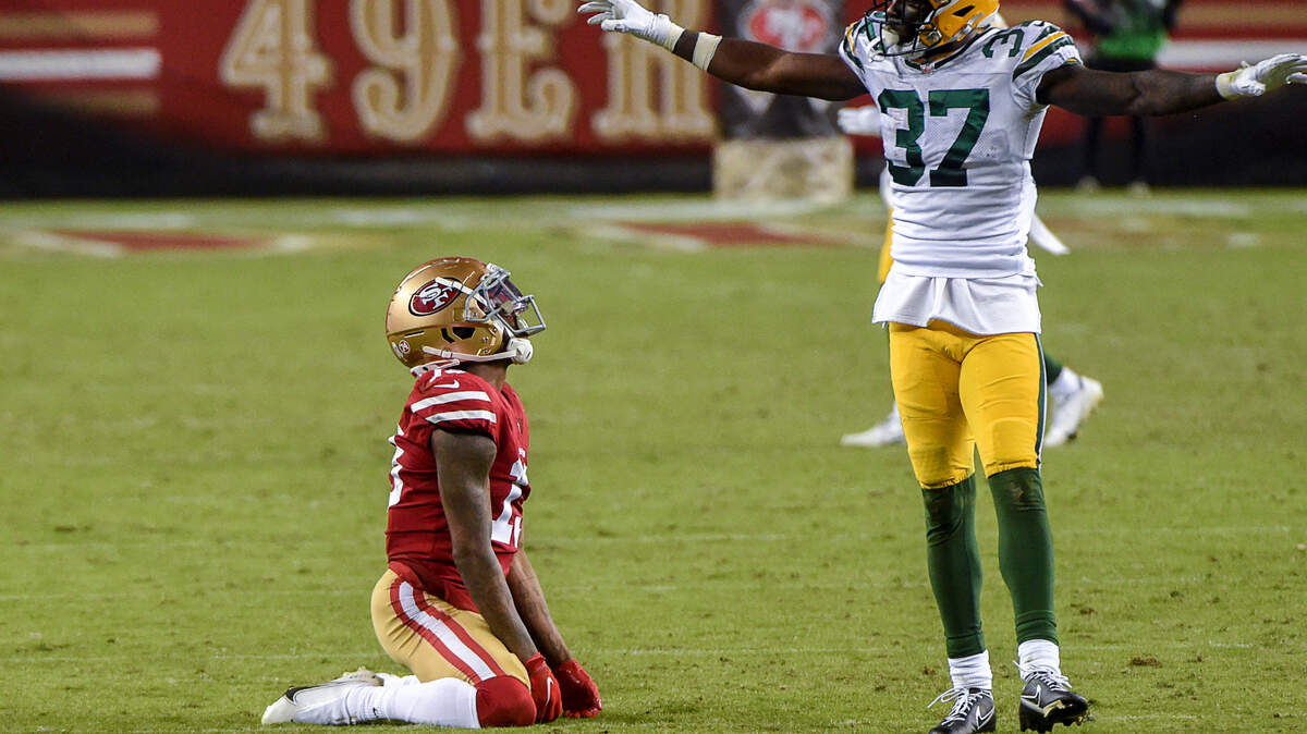 Green Bay Packers cornerback Josh Jackson (37) stands over San Francisco 49ers wide receiver Richie James (13) after he broke up pass In the second quarter during a game at Levi’s Stadium on Thursday, Nov 5, 2020 in Santa Clara.