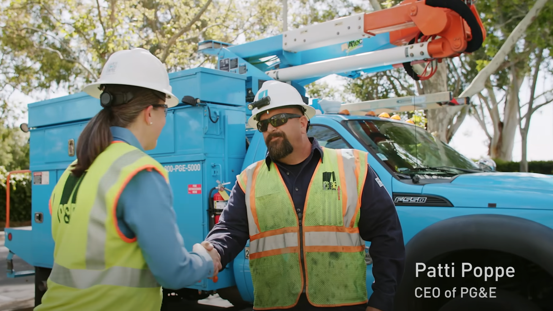 Pacific Gas & Electric CEO Patti Poppe appears in an ad called “Undergrounding 10,000 miles of Powerlines for Safety” that the utility billed to its customers.