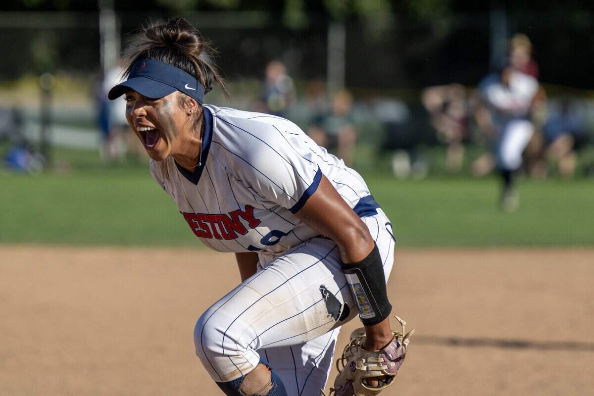 The Destiny Christian Academy Lions' pitcher Ayla Tuua (19) reacts after getting the third out in the top of the seventh inning against the Whitney Wildcats in the CIF NorCal Division I championship softball game on Saturday, June 6, 2026, in Rancho Cordova.